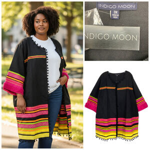NEW Indigo Moon Striped Embroidered Cotton Jacket Plus Sz 3X Black Ball Fringe